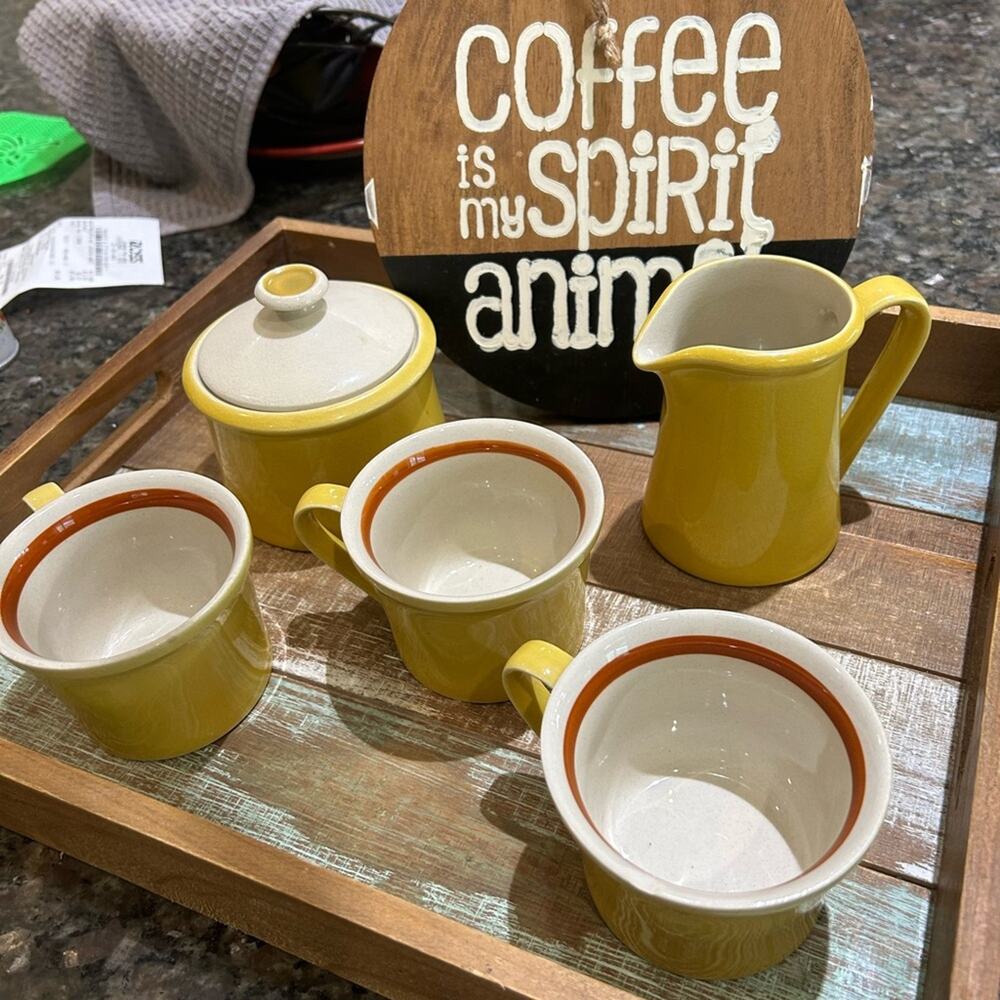 Premiere Colors of Spain P7300 Yellow Stoneware 5pc Coffee Set Japan Vintage